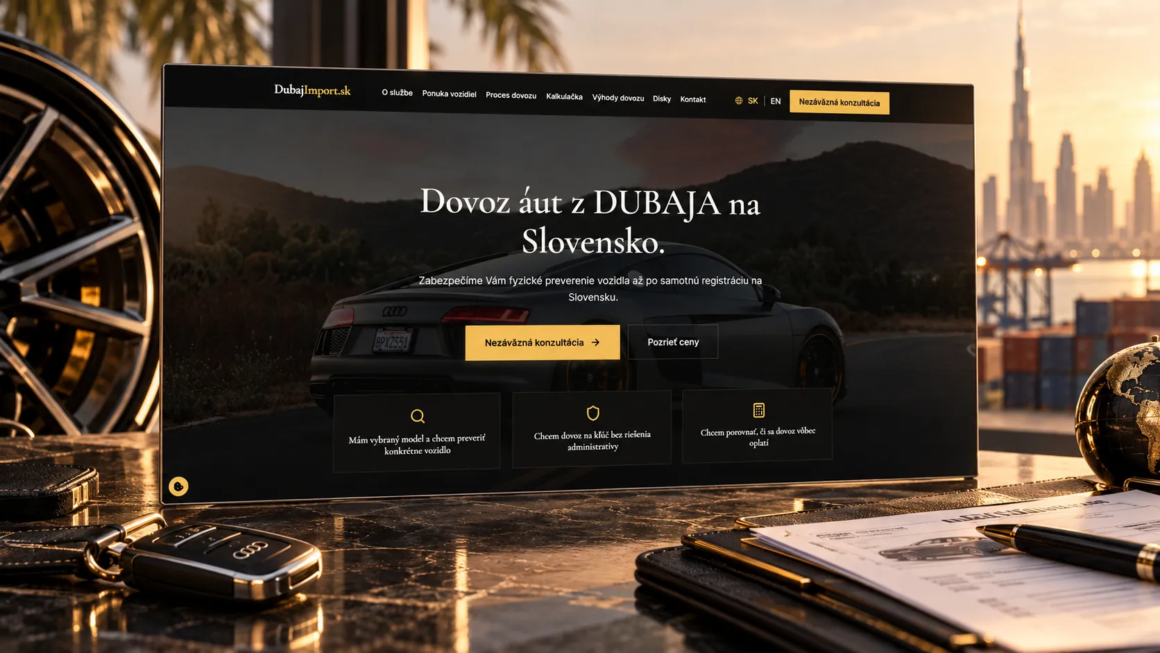 Úvodná stránka webu Dubaj Import na monitore na stole s kľúčom od auta, diskom a zmluvou, v pozadí Dubaj pri západe slnka