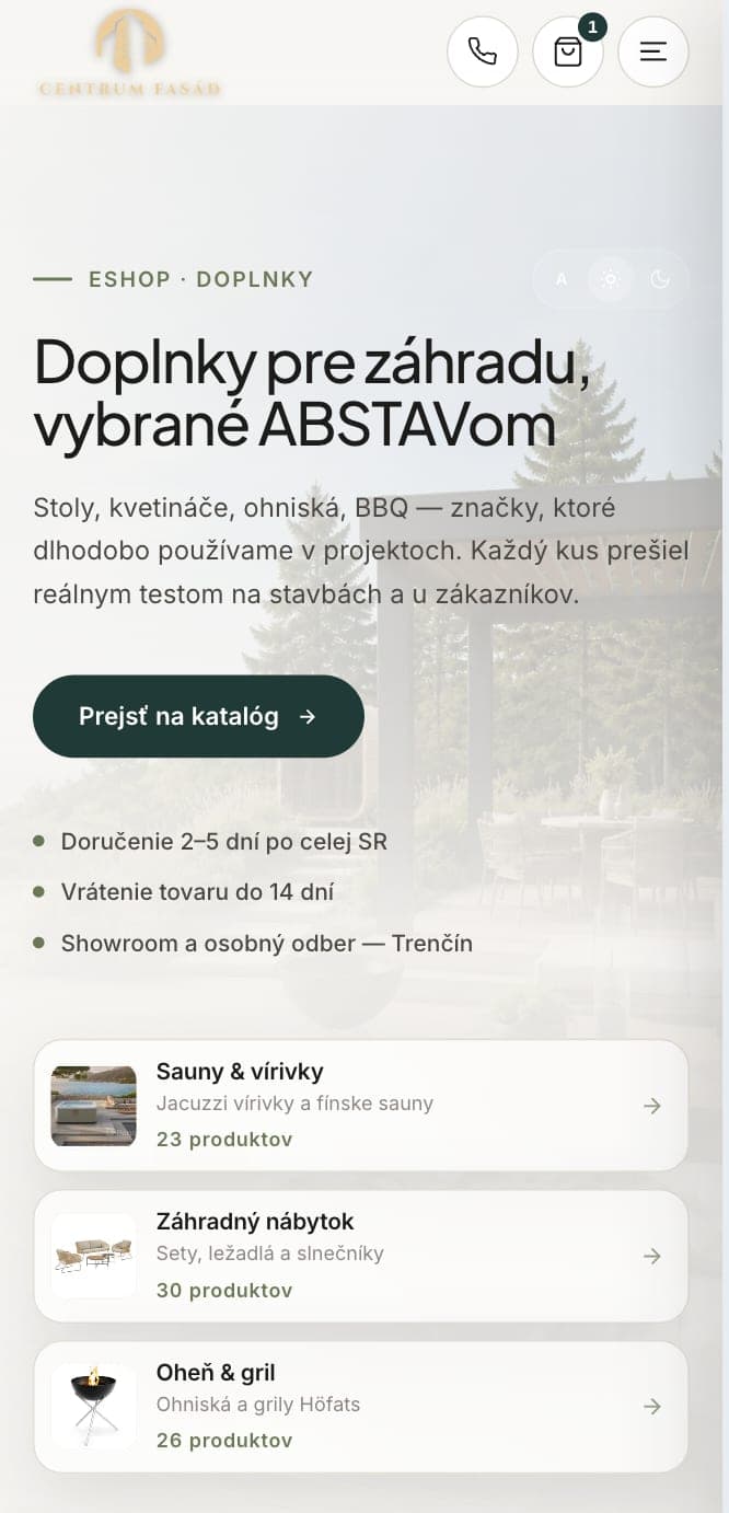 Mobilný vstup do e-shopu Centrum Fasád s kategóriami záhradného sortimentu.