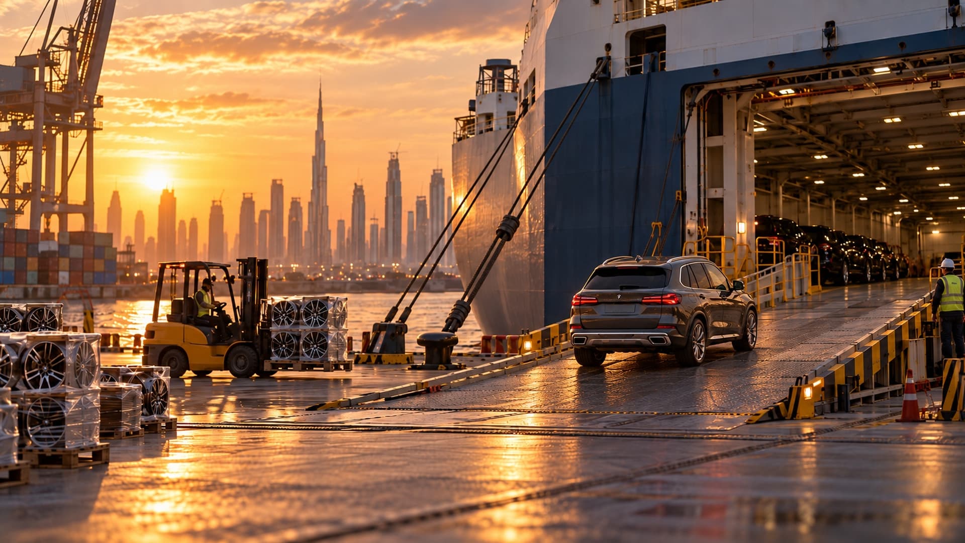 Nakladanie automobilu a zásielky diskov na loď v Dubaji pri západe slnka.