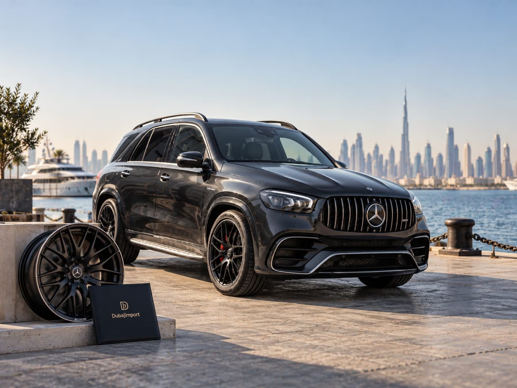 Čierne SUV na nábreží v Dubaji, vedľa disk a zložka s logom klienta, v pozadí panoráma mesta