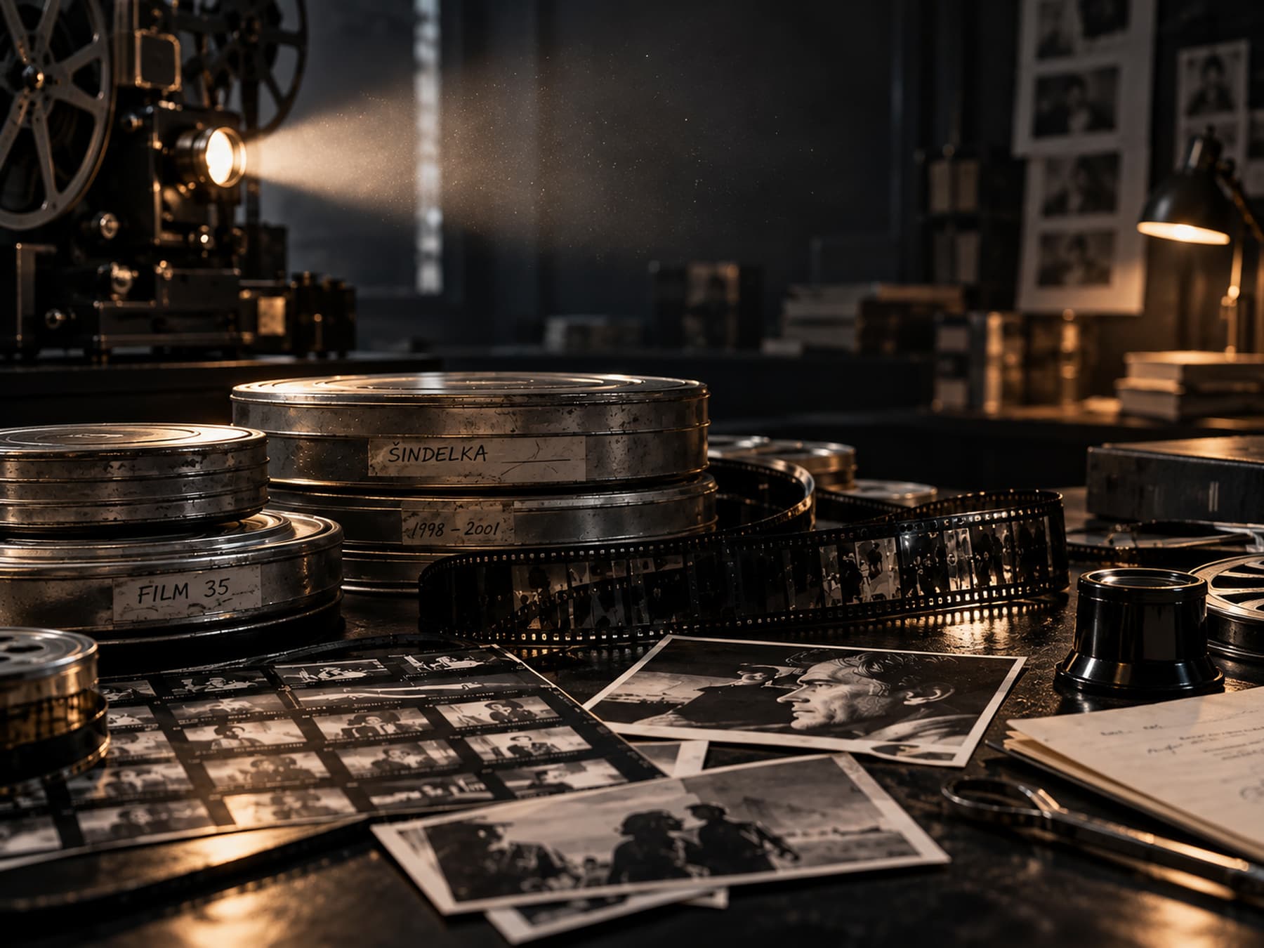 Filmové kotúče s nápismi FILM 35 a Šindelka, filmový pás, kontaktné kópie a čiernobiele fotografie na stole pod lúčom premietačky v tmavom archíve.