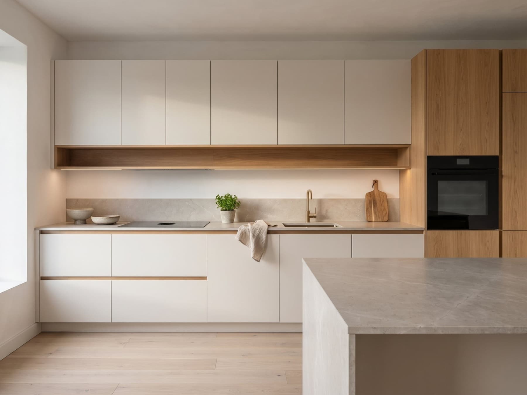 Vizualizácia kuchyne na mieru vo svetlom dreve, bielej a kameni — koncept z archívu RM design