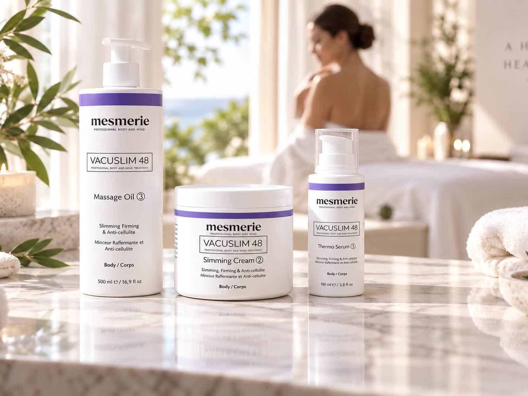 Produkty VACUSLIM48 v atmosfére wellness procedúry.