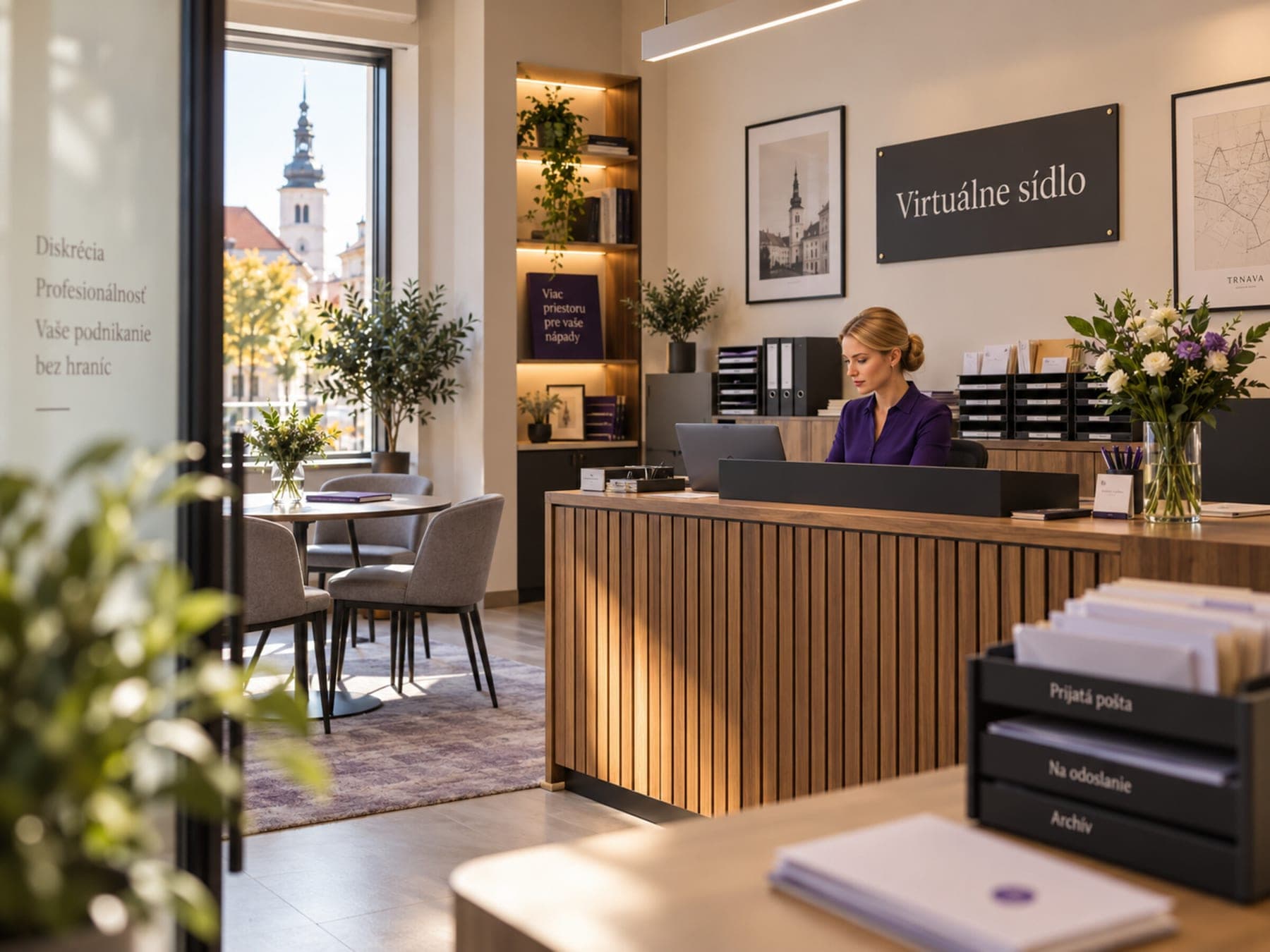 Recepcia virtuálneho sídla s nápisom Virtuálne sídlo na stene, recepčná za pultom s priehradkami na poštu, za oknom mestská veža