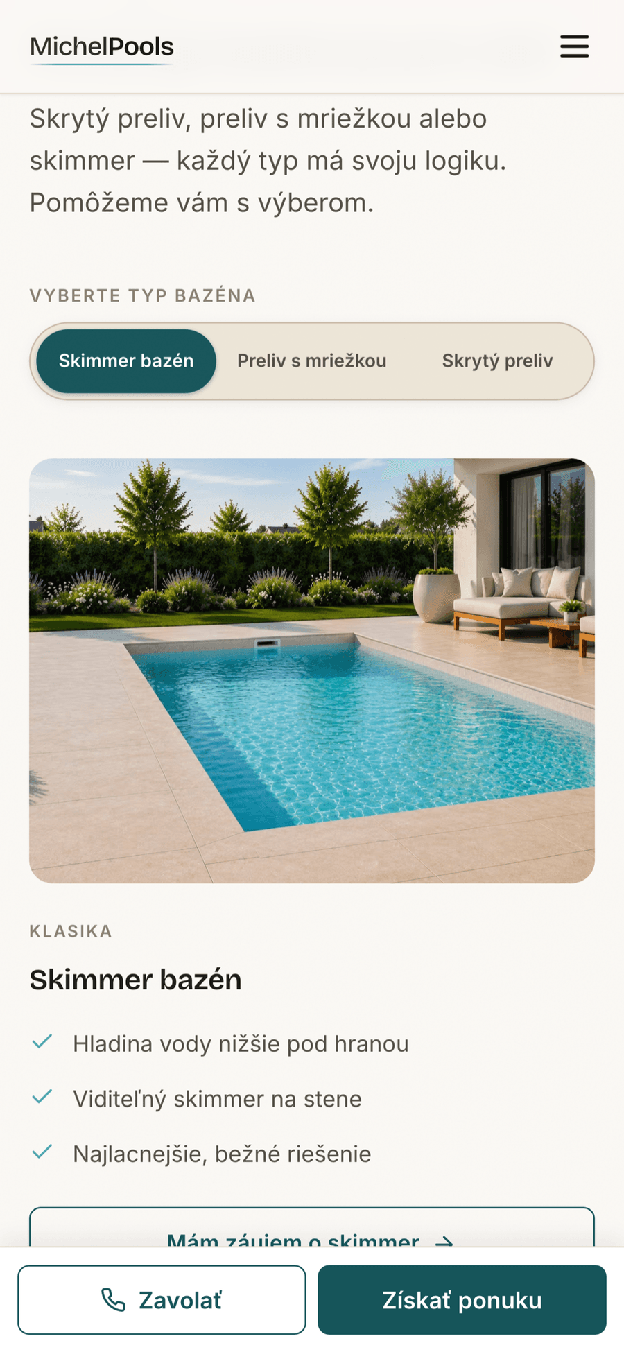 Michel Pools – Web bazénovej firmy – Mobil — bazény