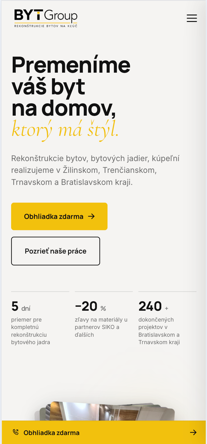 Mobilná úvodná obrazovka webu BYTGroup s tlačidlom na bezplatnú obhliadku.
