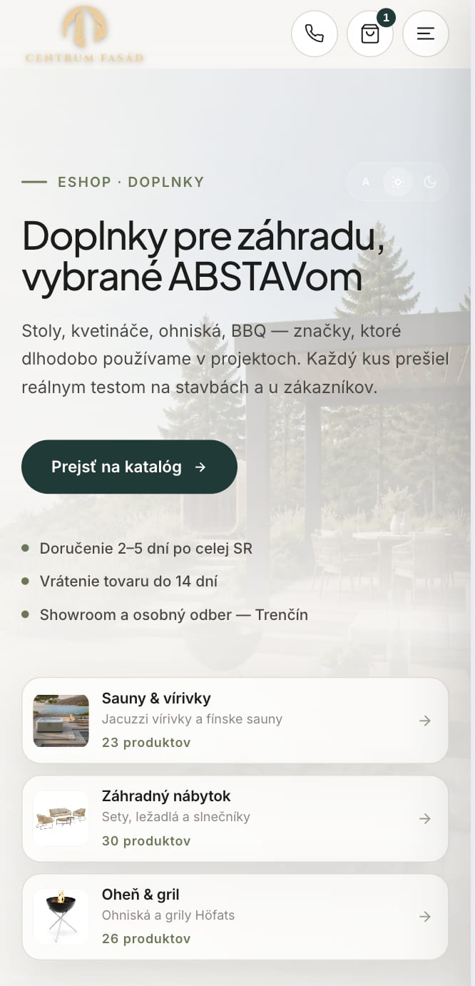 Mobilný vstup do e-shopu Centrum Fasád s kategóriami záhradného sortimentu.