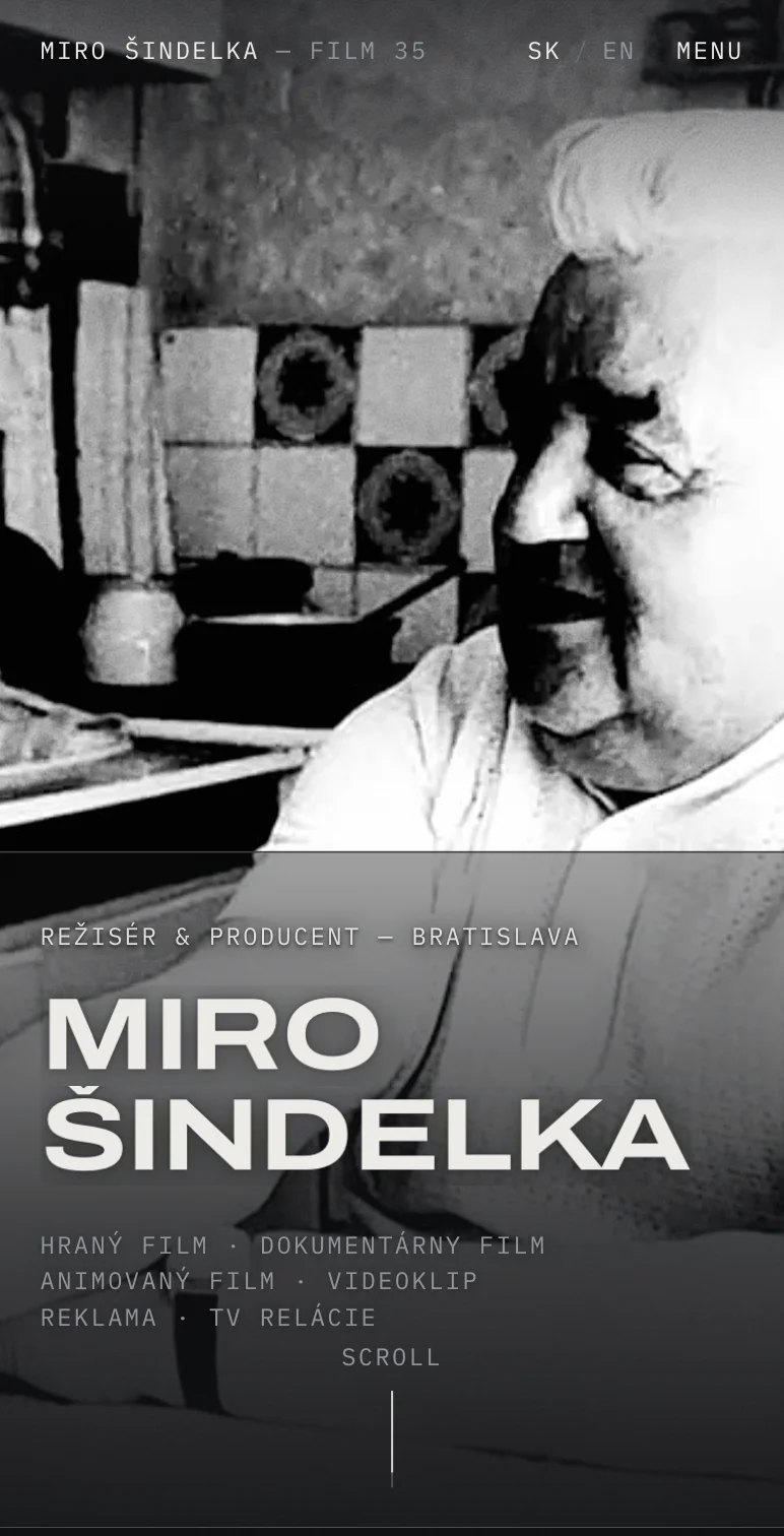 Mobilná úvodná obrazovka webu Mira Šindelku.