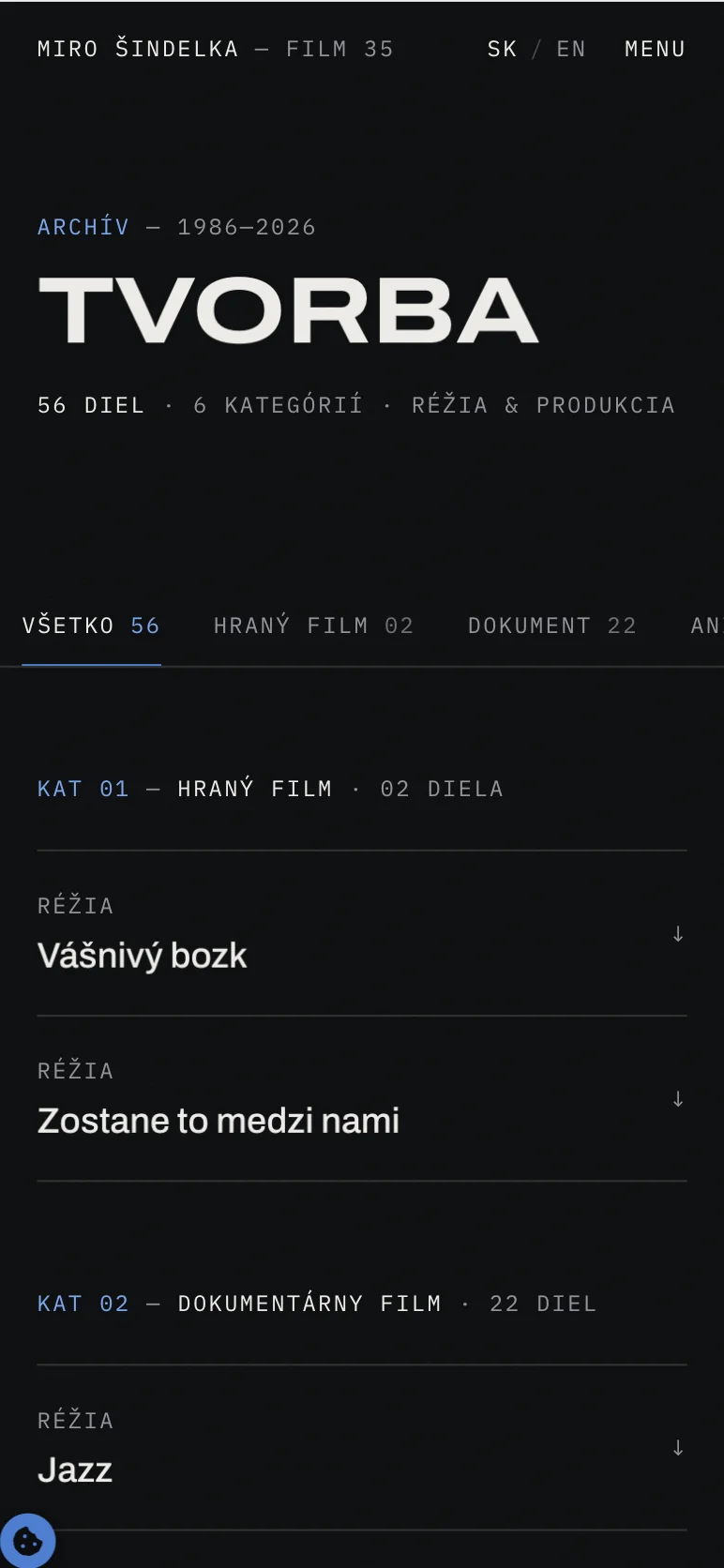 Mobilná stránka Tvorba s 56 dielami a kategóriami filmografie.