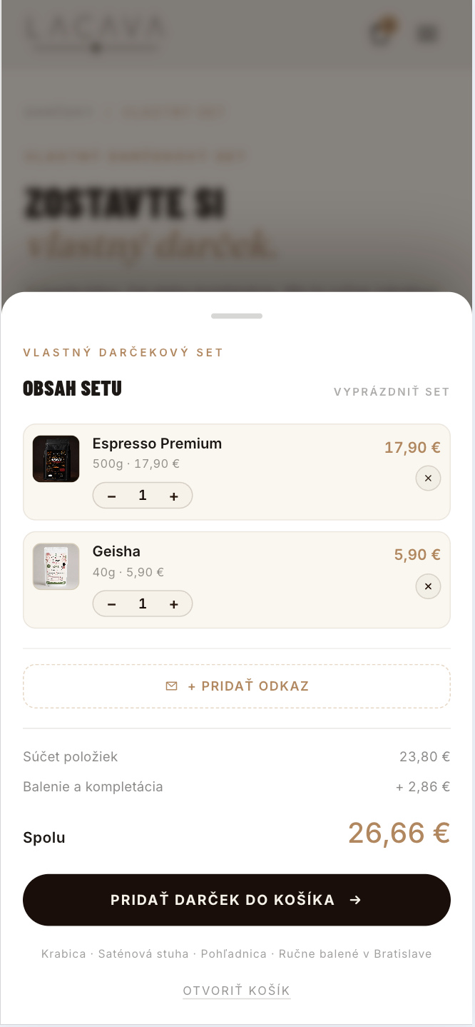 Mobilný Gift Builder LACAVA, obsah setu: Espresso Premium a Geisha, tlačidlo Pridať odkaz, spolu 26,66 €.