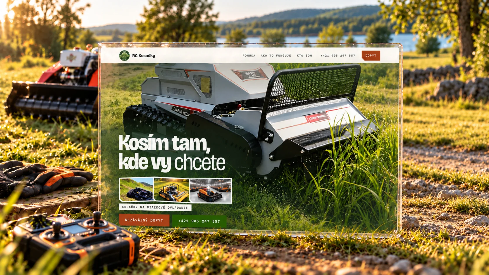 Úvodná stránka webu RC Kosačky Slovensko s pásovou kosačkou v tráve a nadpisom „Kosím tam, kde vy chcete“ na obrazovke stojacej na lúke; vpredu diaľkový ovládač a rukavice, vzadu červená kosačka a jazero
