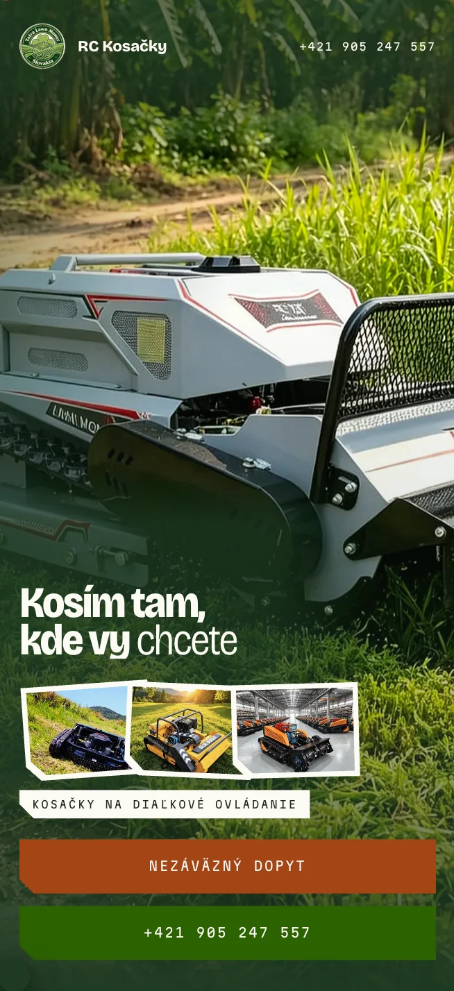 Mobilná úvodná obrazovka RC Kosačky Slovensko s pásovou kosačkou, sloganom a kontaktnými tlačidlami.