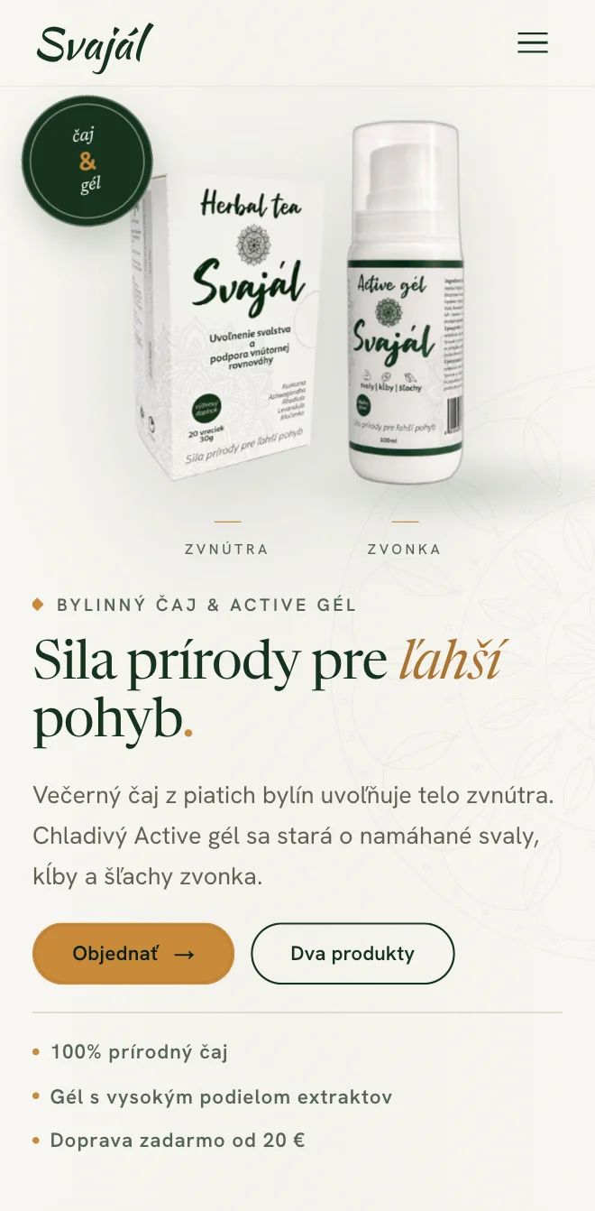 Úvodná obrazovka webu Svajál na mobile s čajom, Active gélom a tlačidlom Objednať.