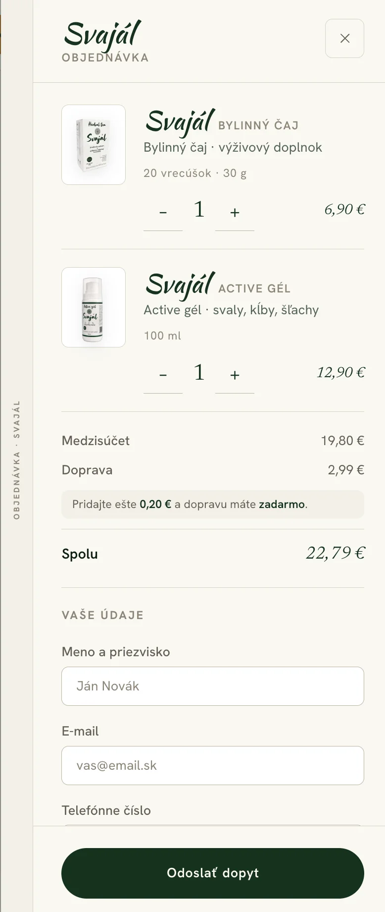 Objednávkový panel webu Svajál na mobile s produktmi, súčtom, formulárom a tlačidlom „Odoslať dopyt“.