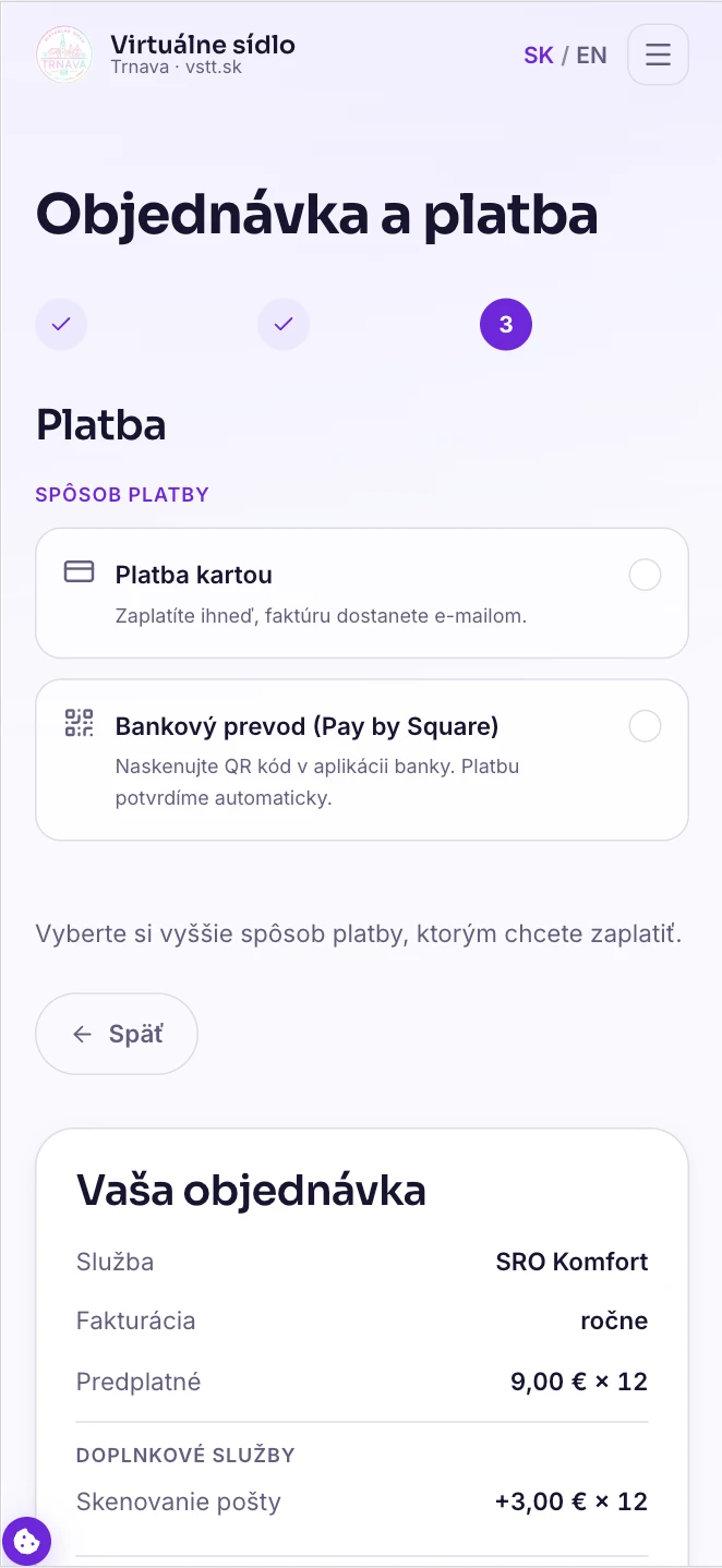 Mobilný výber platby kartou alebo Pay by Square.