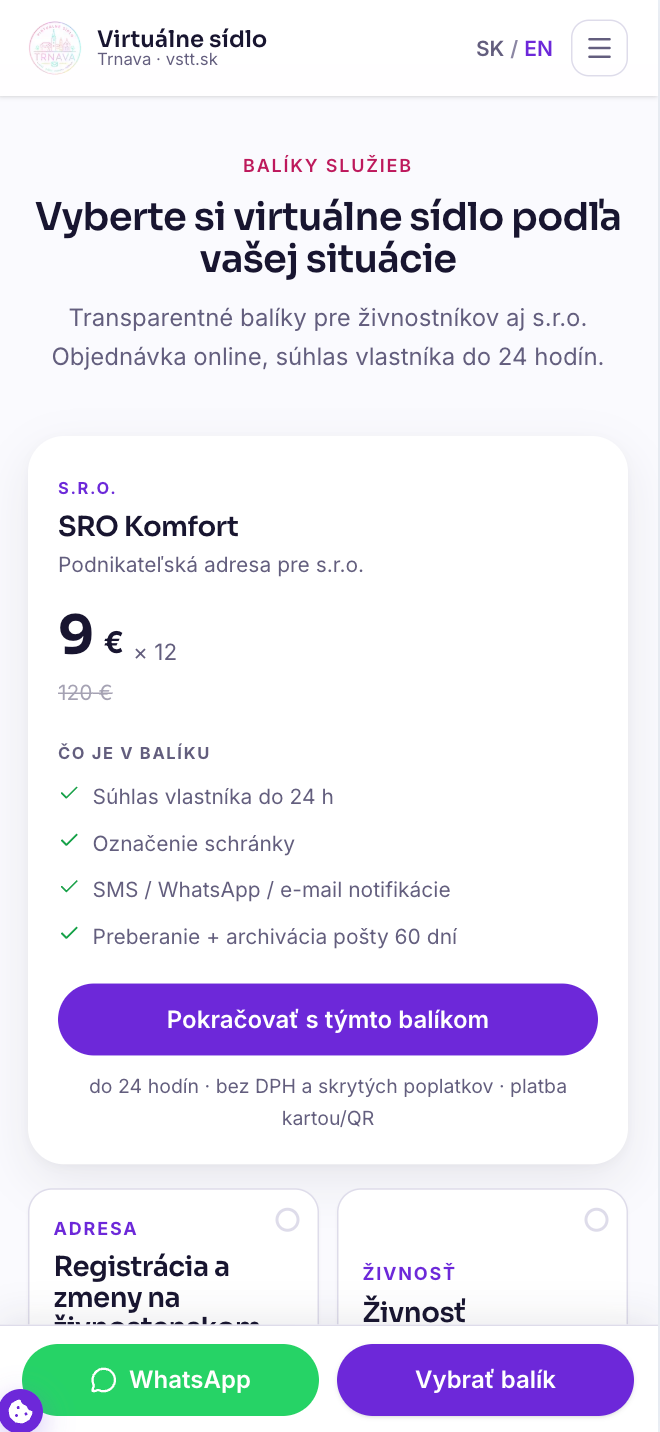 Mobilný výber balíka SRO Komfort.