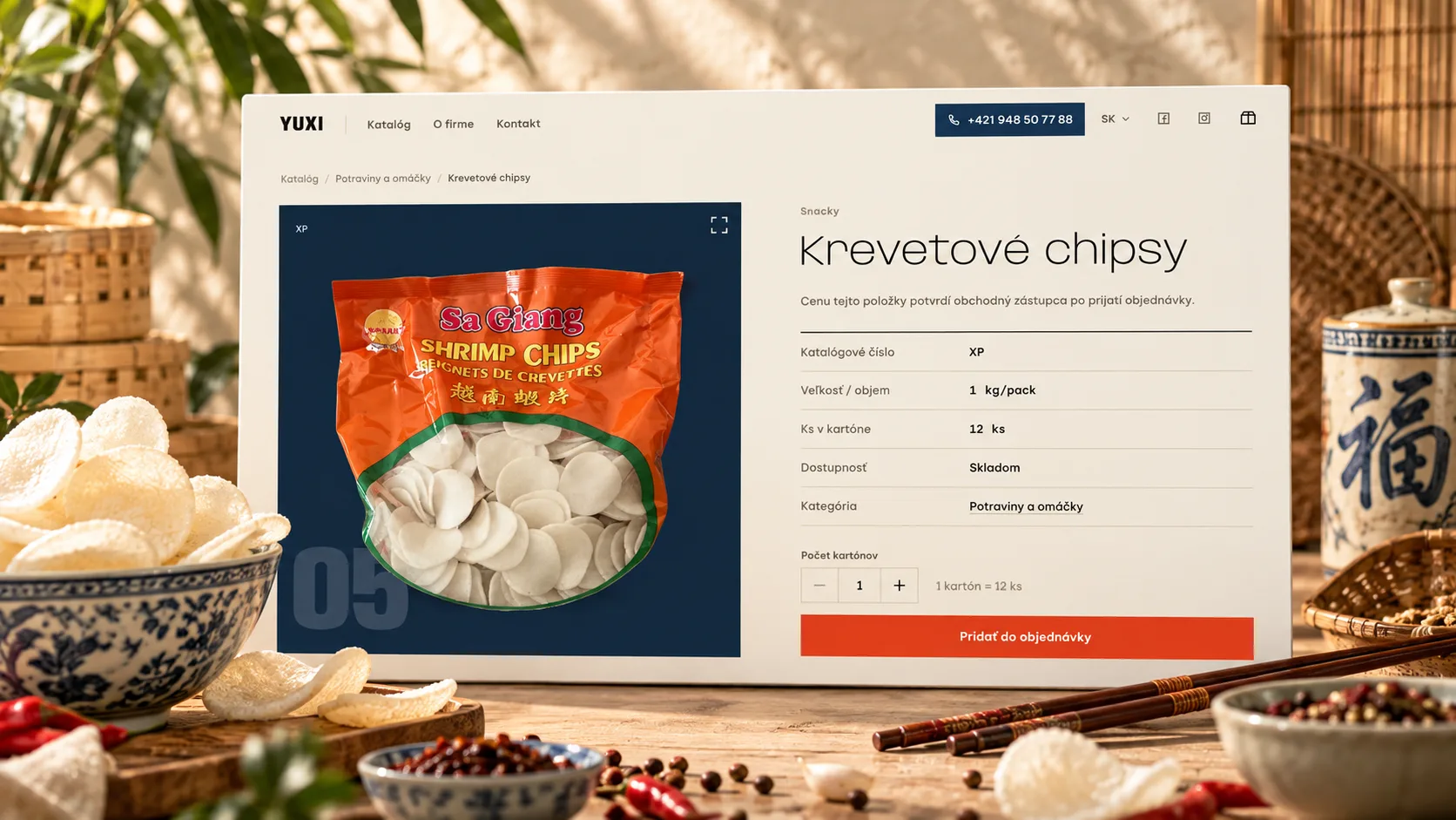 YUXI — stránka tovaru «Krevetové chipsy» v B2B e-shope