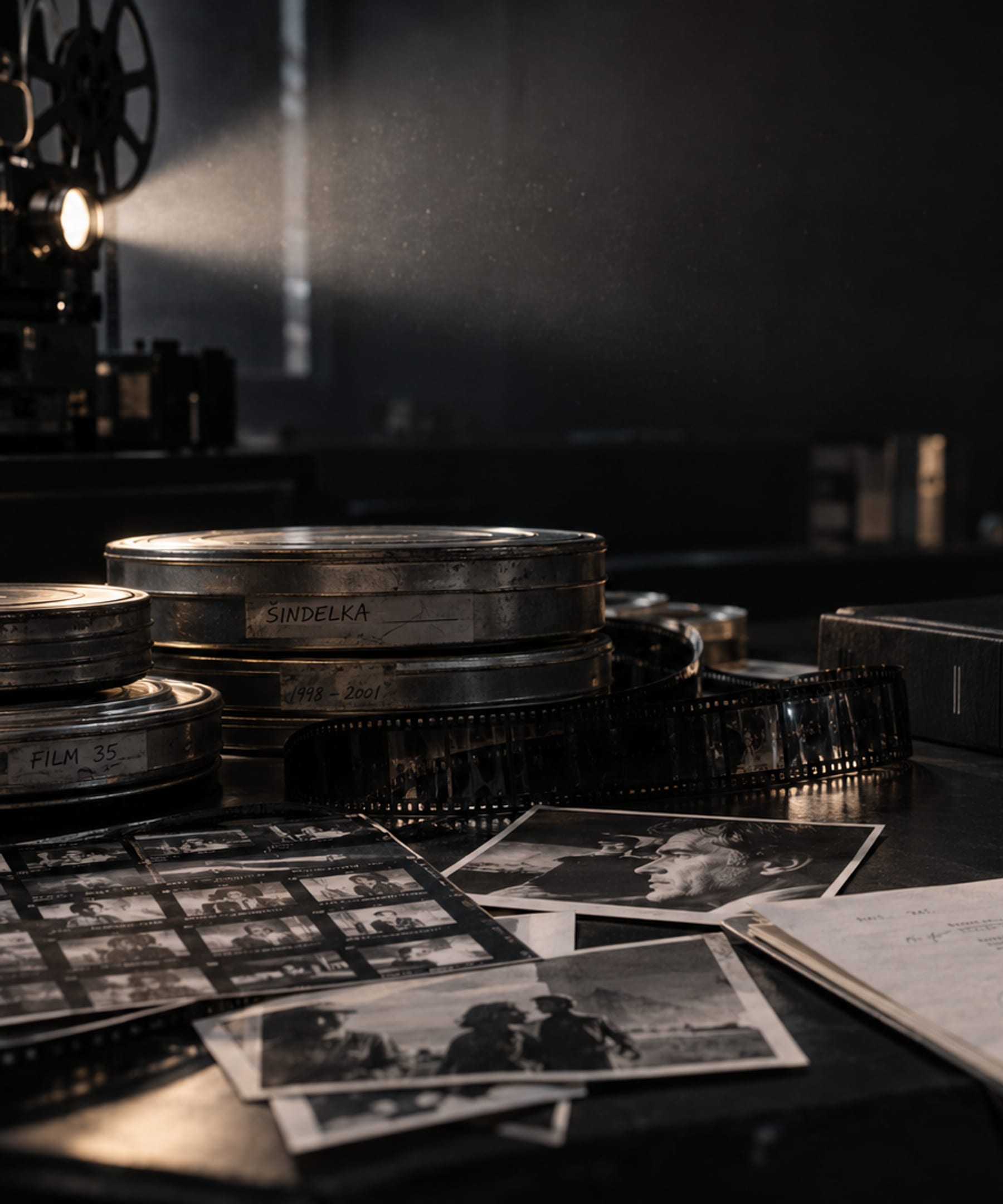 Strihový stôl v tlmenom svetle: filmové kotúče, kontaktné kópie a zložka FILM 35