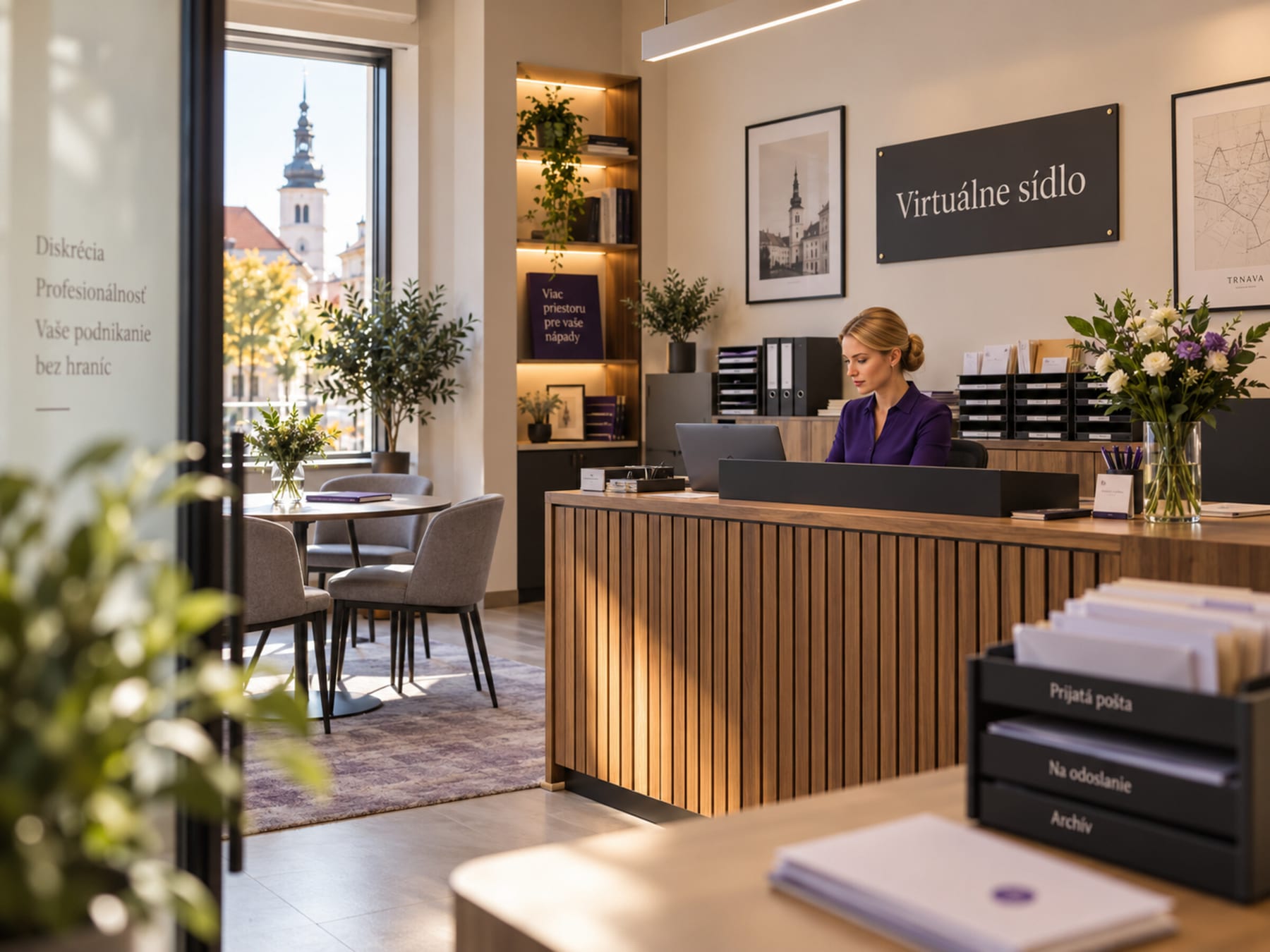 Recepcia virtuálneho sídla s nápisom Virtuálne sídlo na stene, recepčná za pultom s priehradkami na poštu, za oknom mestská veža